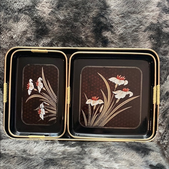 Set 3 Vintage Japanese Shiny Black Lacquer Ware Nesting Trays Gold white & Red - Picture 3 of 16
